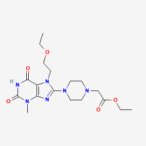 molecular formula C18H28N6O5 B2814038 ethyl 2-(4-(7-(2-ethoxyethyl)-3-methyl-2,6-dioxo-2,3,6,7-tetrahydro-1H-purin-8-yl)piperazin-1-yl)acetate CAS No. 898428-38-1