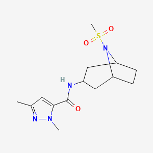 molecular formula C14H22N4O3S B2814039 1,3-二甲基-N-(8-(甲磺酰)-8-氮杂双环[3.2.1]辛-3-基)-1H-吡唑-5-羧酰胺 CAS No. 2034386-41-7