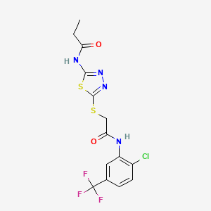 molecular formula C14H12ClF3N4O2S2 B2814040 N-(5-((2-((2-chloro-5-(trifluoromethyl)phenyl)amino)-2-oxoethyl)thio)-1,3,4-thiadiazol-2-yl)propionamide CAS No. 392298-84-9