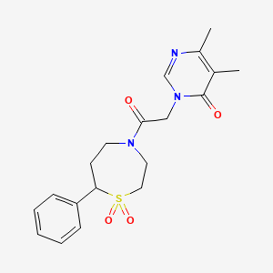 molecular formula C19H23N3O4S B2814048 3-(2-(1,1-二氧化-7-苯基-1,4-噻杂丙烷-4-基)-2-氧代乙基)-5,6-二甲基嘧啶-4(3H)-酮 CAS No. 2034527-26-7
