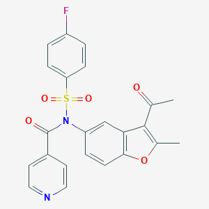 molecular formula C23H17FN2O5S B281411 N-(3-acetyl-2-methyl-1-benzofuran-5-yl)-4-fluoro-N-isonicotinoylbenzenesulfonamide 