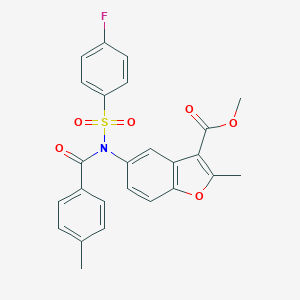 molecular formula C25H20FNO6S B281413 Methyl 5-[[(4-fluorophenyl)sulfonyl](4-methylbenzoyl)amino]-2-methyl-1-benzofuran-3-carboxylate 