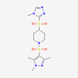 molecular formula C14H22N6O4S2 B2814139 4-((4-methyl-4H-1,2,4-triazol-3-yl)sulfonyl)-1-((1,3,5-trimethyl-1H-pyrazol-4-yl)sulfonyl)piperidine CAS No. 1448128-88-8