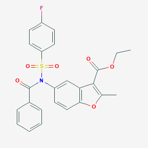 molecular formula C25H20FNO6S B281415 Ethyl 5-{benzoyl[(4-fluorophenyl)sulfonyl]amino}-2-methyl-1-benzofuran-3-carboxylate 