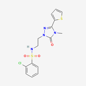 molecular formula C15H15ClN4O3S2 B2814158 2-chloro-N-(2-(4-methyl-5-oxo-3-(thiophen-2-yl)-4,5-dihydro-1H-1,2,4-triazol-1-yl)ethyl)benzenesulfonamide CAS No. 1203267-10-0