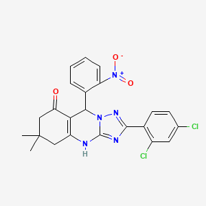 molecular formula C23H19Cl2N5O3 B2814167 2-(2,4-dichlorophenyl)-6,6-dimethyl-9-(2-nitrophenyl)-5,6,7,9-tetrahydro-[1,2,4]triazolo[5,1-b]quinazolin-8(4H)-one CAS No. 540487-66-9