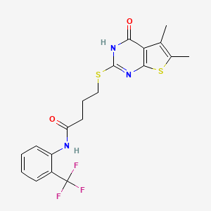 molecular formula C19H18F3N3O2S2 B2814191 4-[(5,6-dimethyl-4-oxo-3H-thieno[2,3-d]pyrimidin-2-yl)sulfanyl]-N-[2-(trifluoromethyl)phenyl]butanamide CAS No. 637321-31-4