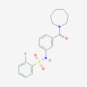 molecular formula C19H21FN2O3S B2814216 N-(3-(环庚烷-1-甲酰)苯基)-2-氟苯基磺酰胺 CAS No. 690647-51-9