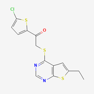 molecular formula C14H11ClN2OS3 B2814232 1-(5-Chlorothiophen-2-yl)-2-(6-ethylthieno[2,3-d]pyrimidin-4-yl)sulfanylethanone CAS No. 380352-35-2