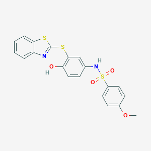 molecular formula C20H16N2O4S3 B281424 N-[3-(1,3-benzothiazol-2-ylsulfanyl)-4-hydroxyphenyl]-4-methoxybenzenesulfonamide 
