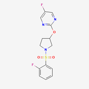 molecular formula C14H13F2N3O3S B2814241 5-Fluoro-2-((1-((2-fluorophenyl)sulfonyl)pyrrolidin-3-yl)oxy)pyrimidine CAS No. 2034327-32-5