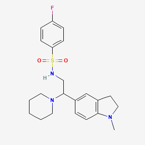molecular formula C22H28FN3O2S B2814251 4-fluoro-N-(2-(1-methylindolin-5-yl)-2-(piperidin-1-yl)ethyl)benzenesulfonamide CAS No. 946343-61-9