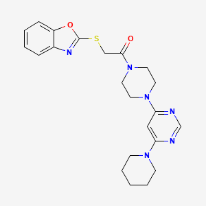 molecular formula C22H26N6O2S B2814263 2-(Benzo[d]oxazol-2-ylthio)-1-(4-(6-(piperidin-1-yl)pyrimidin-4-yl)piperazin-1-yl)ethanone CAS No. 1207021-83-7