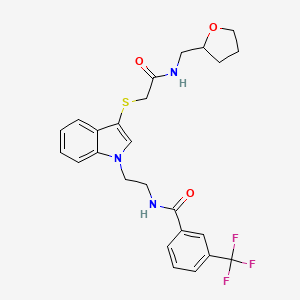 molecular formula C25H26F3N3O3S B2814282 N-[2-[3-[2-oxo-2-(oxolan-2-ylmethylamino)ethyl]sulfanylindol-1-yl]ethyl]-3-(trifluoromethyl)benzamide CAS No. 851714-82-4