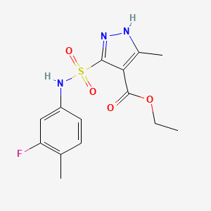 molecular formula C14H16FN3O4S B2814298 乙酸乙酯5-(N-(3-氟-4-甲基苯基)磺酰基)-3-甲基-1H-吡唑-4-羧酸酯 CAS No. 1305253-14-8
