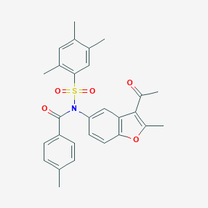 molecular formula C28H27NO5S B281434 N-(3-acetyl-2-methyl-1-benzofuran-5-yl)-2,4,5-trimethyl-N-(4-methylbenzoyl)benzenesulfonamide 