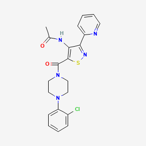 molecular formula C21H20ClN5O2S B2814378 N-(5-(4-(2-chlorophenyl)piperazine-1-carbonyl)-3-(pyridin-2-yl)isothiazol-4-yl)acetamide CAS No. 1251627-46-9