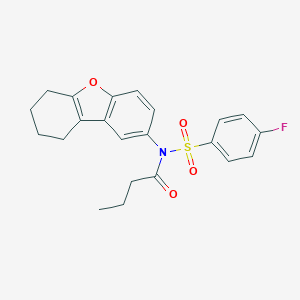 molecular formula C22H22FNO4S B281443 N-[(4-fluorophenyl)sulfonyl]-N-6,7,8,9-tetrahydrodibenzo[b,d]furan-2-ylbutanamide 
