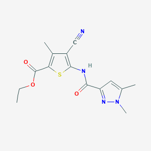 molecular formula C15H16N4O3S B2814456 乙酸乙酯 4-氰-5-(1,5-二甲基-1H-吡唑-3-基甲酰胺)-3-甲基硫代吡噻-2-基甲酸酯 CAS No. 1013796-16-1