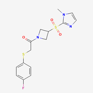 molecular formula C15H16FN3O3S2 B2814460 2-((4-氟苯基)硫代)-1-(3-((1-甲基-1H-咪唑-2-基)磺酰)氮杂环丁-1-基)乙酮 CAS No. 2309774-52-3