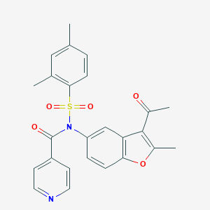 molecular formula C25H22N2O5S B281450 N-(3-acetyl-2-methyl-1-benzofuran-5-yl)-N-isonicotinoyl-2,4-dimethylbenzenesulfonamide 