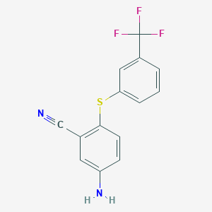 molecular formula C14H9F3N2S B2814505 5-Amino-2-{[3-(trifluoromethyl)phenyl]-sulfanyl}benzenecarbonitrile CAS No. 320421-51-0