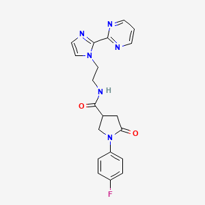 molecular formula C20H19FN6O2 B2814549 1-(4-氟苯基)-5-氧代-N-(2-(2-(嘧啶-2-基)-1H-咪唑-1-基)乙基)吡咯烷-3-甲酰胺 CAS No. 1797680-12-6