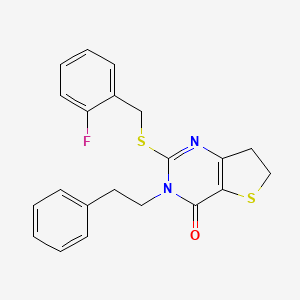 molecular formula C21H19FN2OS2 B2814612 2-((2-fluorobenzyl)thio)-3-phenethyl-6,7-dihydrothieno[3,2-d]pyrimidin-4(3H)-one CAS No. 877653-02-6