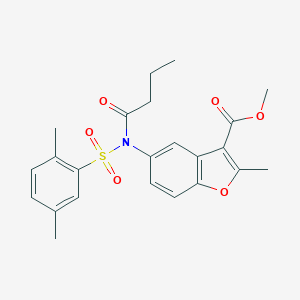molecular formula C23H25NO6S B281465 Methyl 5-{butyryl[(2,5-dimethylphenyl)sulfonyl]amino}-2-methyl-1-benzofuran-3-carboxylate 