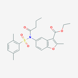 molecular formula C24H27NO6S B281466 Ethyl 5-{butyryl[(2,5-dimethylphenyl)sulfonyl]amino}-2-methyl-1-benzofuran-3-carboxylate 