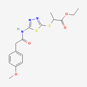 molecular formula C16H19N3O4S2 B2814674 Ethyl 2-((5-(2-(4-methoxyphenyl)acetamido)-1,3,4-thiadiazol-2-yl)thio)propanoate CAS No. 391875-02-8