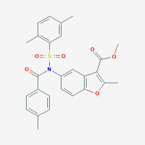 molecular formula C27H25NO6S B281468 Methyl 5-[[(2,5-dimethylphenyl)sulfonyl](4-methylbenzoyl)amino]-2-methyl-1-benzofuran-3-carboxylate 