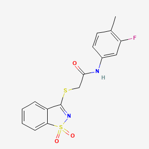 molecular formula C16H13FN2O3S2 B2814687 2-((1,1-dioxidobenzo[d]isothiazol-3-yl)thio)-N-(3-fluoro-4-methylphenyl)acetamide CAS No. 902572-09-2