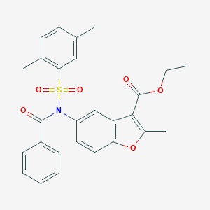 molecular formula C27H25NO6S B281469 Ethyl 5-{benzoyl[(2,5-dimethylphenyl)sulfonyl]amino}-2-methyl-1-benzofuran-3-carboxylate 