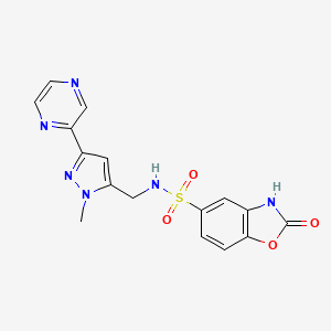 molecular formula C16H14N6O4S B2814703 N-((1-甲基-3-(吡嗪-2-基)-1H-吡唑-5-基)甲基)-2-氧代-2,3-二氢苯并[d]噁唑-5-磺酰胺 CAS No. 2034323-95-8