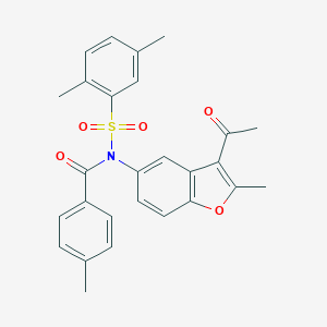 molecular formula C27H25NO5S B281472 N-(3-acetyl-2-methyl-1-benzofuran-5-yl)-2,5-dimethyl-N-(4-methylbenzoyl)benzenesulfonamide 