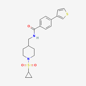molecular formula C20H24N2O3S2 B2814737 N-((1-(cyclopropylsulfonyl)piperidin-4-yl)methyl)-4-(thiophen-3-yl)benzamide CAS No. 2034554-09-9