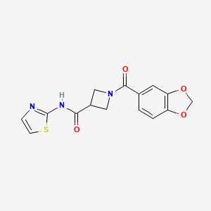 molecular formula C15H13N3O4S B2814738 1-(benzo[d][1,3]dioxole-5-carbonyl)-N-(thiazol-2-yl)azetidine-3-carboxamide CAS No. 1396845-80-9