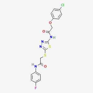 molecular formula C18H14ClFN4O3S2 B2814784 2-(4-氯苯氧基)-N-(5-((2-((4-氟苯基)氨基)-2-氧代乙基)硫代)-1,3,4-噻二唑-2-基)乙酰胺 CAS No. 392297-40-4