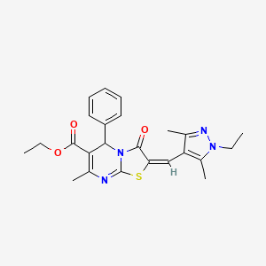 (E)-ethyl 2-((1-ethyl-3,5-dimethyl-1H-pyrazol-4-yl)methylene)-7-methyl-3-oxo-5-phenyl-3,5-dihydro-2H-thiazolo[3,2-a]pyrimidine-6-carboxylate