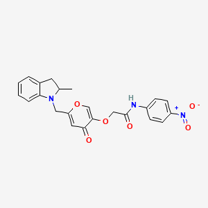 molecular formula C23H21N3O6 B2814802 2-((6-((2-methylindolin-1-yl)methyl)-4-oxo-4H-pyran-3-yl)oxy)-N-(4-nitrophenyl)acetamide CAS No. 898417-46-4