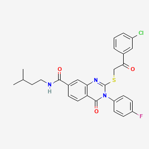 molecular formula C28H25ClFN3O3S B2814853 2-((2-(3-chlorophenyl)-2-oxoethyl)thio)-3-(4-fluorophenyl)-N-isopentyl-4-oxo-3,4-dihydroquinazoline-7-carboxamide CAS No. 1113135-19-5