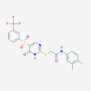 molecular formula C21H18F3N3O4S2 B2814914 N-(3,4-dimethylphenyl)-2-((6-oxo-5-((3-(trifluoromethyl)phenyl)sulfonyl)-1,6-dihydropyrimidin-2-yl)thio)acetamide CAS No. 946323-99-5