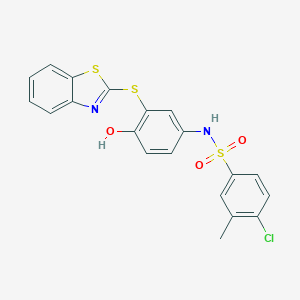 molecular formula C20H15ClN2O3S3 B281498 N-[3-(1,3-benzothiazol-2-ylsulfanyl)-4-hydroxyphenyl]-4-chloro-3-methylbenzenesulfonamide 