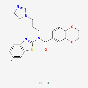 molecular formula C22H20ClFN4O3S B2815218 N-(3-(1H-imidazol-1-yl)propyl)-N-(6-fluorobenzo[d]thiazol-2-yl)-2,3-dihydrobenzo[b][1,4]dioxine-6-carboxamide hydrochloride CAS No. 1219189-66-8