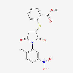 molecular formula C18H14N2O6S B2815228 2-((1-(2-Methyl-5-nitrophenyl)-2,5-dioxopyrrolidin-3-yl)thio)benzoic acid CAS No. 433701-85-0