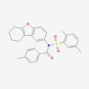 molecular formula C28H27NO4S B281529 2,5-dimethyl-N-(4-methylbenzoyl)-N-(6,7,8,9-tetrahydrodibenzo[b,d]furan-2-yl)benzenesulfonamide 