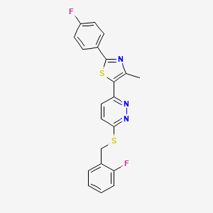 molecular formula C21H15F2N3S2 B2815313 5-(6-((2-Fluorobenzyl)thio)pyridazin-3-yl)-2-(4-fluorophenyl)-4-methylthiazole CAS No. 923195-25-9