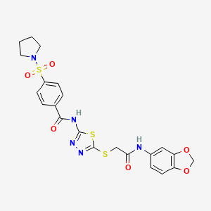 molecular formula C22H21N5O6S3 B2815412 N-(5-((2-(苯并[d][1,3]二噁杂苯并-5-基氨基)-2-氧代乙基)硫)-1,3,4-噻二唑-2-基)-4-(吡咯啉-1-基磺酰)苯甲酰胺 CAS No. 896028-06-1