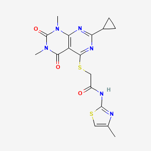 molecular formula C17H18N6O3S2 B2815417 2-((2-cyclopropyl-6,8-dimethyl-5,7-dioxo-5,6,7,8-tetrahydropyrimido[4,5-d]pyrimidin-4-yl)thio)-N-(4-methylthiazol-2-yl)acetamide CAS No. 863003-15-0